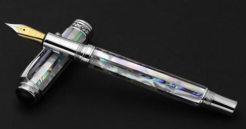 Xezo Maestro Jubilee Fountain Pen, Medium Nib. Oceanic White Mother of Pearl and Paua Abalone. Limited Edition of 223 Pieces. Handmade, Each unique in Saudi Arabia