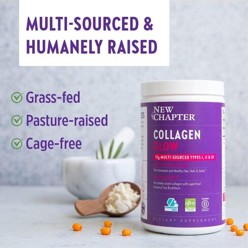 New Chapter Beauty Collagen Powder Glow، 12 جرام ببتيدات الكولاجين (الأنواع الأول والثاني والثالث)، بدون نكهة، 28 حصة، متعدد المصادر، نبق البحر، الشعر، البشرة، الأظافر، خالي من الهرمونات، خالي من الغلوتين in Kuwait