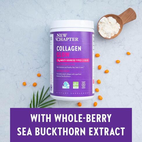 New Chapter Beauty Collagen Powder Glow، 12 جرام ببتيدات الكولاجين (الأنواع الأول والثاني والثالث)، بدون نكهة، 28 حصة، متعدد المصادر، نبق البحر، الشعر، البشرة، الأظافر، خالي من الهرمونات، خالي من الغلوتين in Kuwait