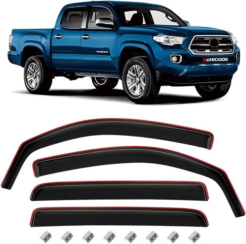 ملحقات شاحنة واقيات المطر داخل القناة من VEHICODE لسيارة Toyota Tacoma Double Cab 2016-2023 2022 2021 2020 2019 2018 2017، أقنعة النافذة الجانبية منحرفة لظل الرياح داخل التركيب (4 عبوات) in Kuwait