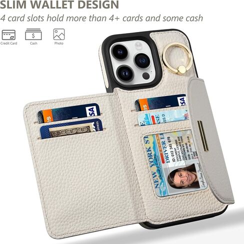 حافظة Keallce لهاتف iPhone 15 Pro Max، حافظة جلدية قابلة للطي مع فتحات للبطاقات، حامل حلقي، غطاء هاتف واقٍ للنساء، بيج in Kuwait