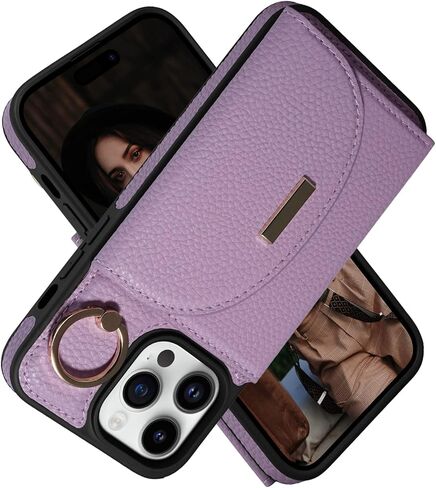 حافظة Keallce لهاتف iPhone 15 Pro Max، حافظة جلدية قابلة للطي مع فتحات للبطاقات، حامل حلقي، غطاء هاتف واقٍ للنساء، بيج in Kuwait