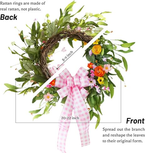 اكاليل الربيع والصيف للباب الأمامي خارج - 22 بوصة اليدوية زهرة الحرير الاصطناعي اكليلا من الزهور الخضراء الربيع الباب الأمامي اكليلا من الزهور في الأماكن المغلقة في الهواء الطلق باب عيد الفصح اكليلا من الزهور ديكور المنزل in Kuwait