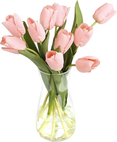 10PCS Artificial Flowers with Vase, Faux Silk Tulip Flower Artificial Flowers Bouquet in Glass Vase, Faux Flower Arrangement with Vase Suitable for Home Office Decoration, Dining Table Centerpiece in Saudi Arabia