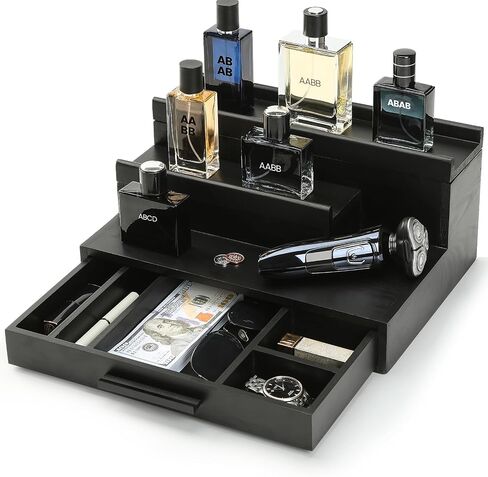 منظم كولونيا للرجال - حامل عطر خشبي مع درج وحجرة مخفية، صينية كولونيا من 3 طبقات للتنظيم والتخزين، هدية رائعة للرجال، أسود in Saudi Arabia