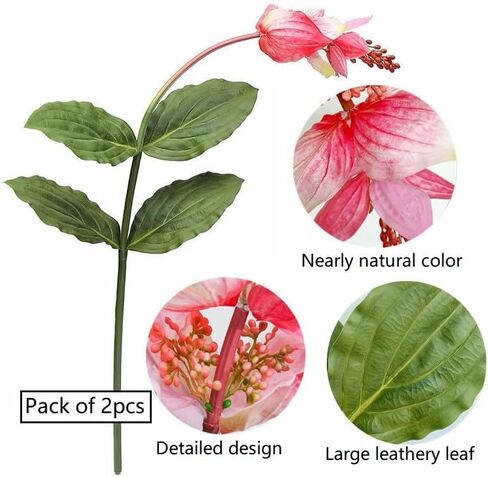 Pack of 2 - Artificial Medinilla Magnifica Made with PU Real Touch Exotic Flowers Fake Tropical Philippine Orchid Rose Grape Plant for Home Garden Decor - 51.15 inch (Flamingo Pink) in Saudi Arabia