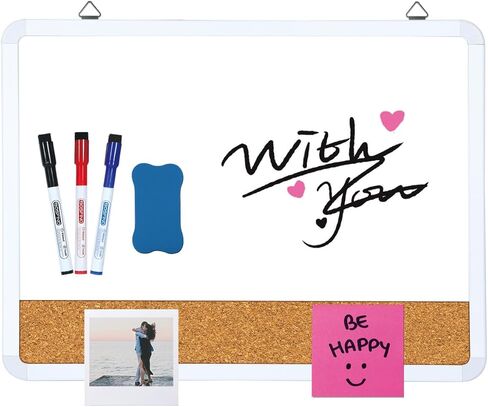 لوحة مسح جافة صغيرة من DumanAsen، مجموعة سبورة بيضاء مغناطيسية مقاس 12 × 16 ولوحة الفلين للجدار، مجموعة سبورة بيضاء محمولة للمنزل والمكتب، تتضمن علامات وممحاة وسلك وأدوات تعليق in Kuwait