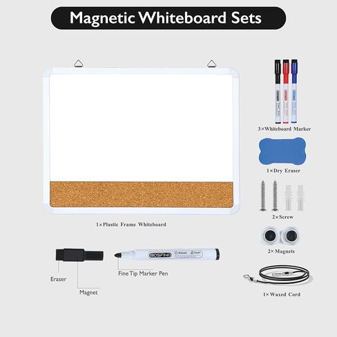 لوحة مسح جافة صغيرة من DumanAsen، مجموعة سبورة بيضاء مغناطيسية مقاس 12 × 16 ولوحة الفلين للجدار، مجموعة سبورة بيضاء محمولة للمنزل والمكتب، تتضمن علامات وممحاة وسلك وأدوات تعليق in Kuwait
