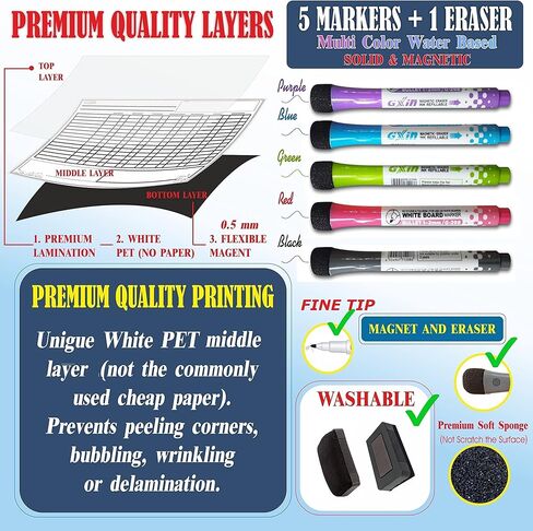 مخطط عمل مغناطيسي كبير للأطفال والمراهقين والبالغين - سبورة بيضاء قابلة للمسح الجاف - مخطط مكافآت السلوك - مخطط جدول المسؤولية الأسبوعي اليومي - 5 علامات وممحاة - منزل المدرسة in Kuwait