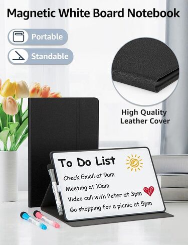Portable Dry Erase Board,Magnetic Small White Board with Stand,Desktop Whiteboard Notebook with Pu Leather Cover,Reusable Double-Sided Wipe Board for School Office Home 11.8"X 7.8"(Black) in Saudi Arabia