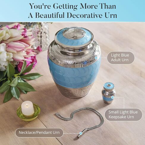 Light Blue Urns for Human Ashes Adult Male & Female - Handcrafted Large & Small Urns for Human Ashes Keepsake Along with A Cremation Necklace for Ashes in Saudi Arabia