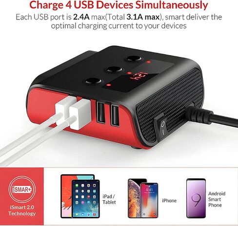 محول ولاعة سجائر السيارة، 12 فولت/24 فولت 120 وات 4 USB 3 مقابس شواحن سيارات مقسمة، مفاتيح تشغيل/إيقاف عرض جهد LED، شاحن ولاعة سجائر للسيارات عالمي لمعظم المركبات (أسود) in Saudi Arabia