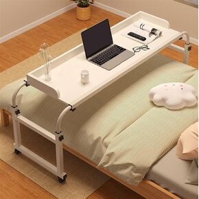 Adjustable Overbed Table with Wheels, Portable Height & Length Adjustable Desk, Standing Workstation for Laptop, Food Tray & Dressing Table, Beige, 120cm/47.2"