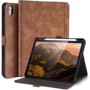 Handmade Case for iPad A16 11th Gen 11 Inch 2025 / iPad 10th Generation 10.9'' with Pencil Holder Pocket,Multi Angles Stand,Magnetic Closure,Vegan Leather Cover,Auto Sleep/Wake,Dark Brown