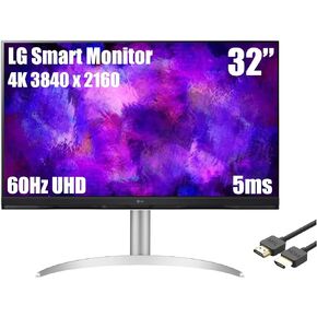LG 32" 4K Smart Monitor, 16:9 Ultra HD (3840x2160) LCD Display, 60Hz, 5ms, AMD FreeSync, with webOS, ThinQ Home, USB Type-C, 2x5W Stereo Speakers, AirPlay 2, Bluetooth, Silver, with MTC HDMI Cable