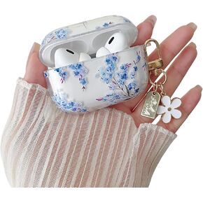 MINSCOSE Compatible with AirPods Pro/Pro2 Clear Case,Cute Flower Pattern Design with Floral Keychain, Soft TPU Protective Shockproof Cover for AirPods Pro/Pro2 Generation for Women Girls-Blue Flower