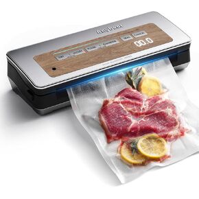 Vacuum Sealer Machine, 90kPa 120W Wide Seal All-IN-1 Powerful Food Storage, Build-in Cutter | Bags Storage | Digital Countdown Display | 2 Bag Rolls and 5pcs Pre-cut Bags (Silver Wood Grain)