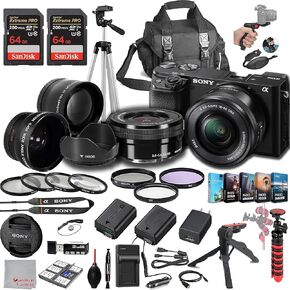 Sony a6100 Mirrorless Camera with 16-50mm Lens, 128GB Extreem Speed Memory,.43 Wide Angle & 2X Lenses, Case,Tripod, Filters, Hood, Grip,Spare Battery & Charger,Editing Software Kit -Deluxe Bundle