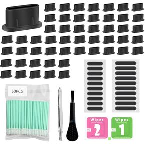 50pcs USB C Dust Sluge ، Silicone USB C غطاء ، مع فرشاة التنظيف ، 50 مسحات القطن التنظيف ، 20 ملصق شاشة الغبار ، ملاقط ، كيس نظيف ، لمعظم قرص الهاتف المحمول من النوع C ، أسود