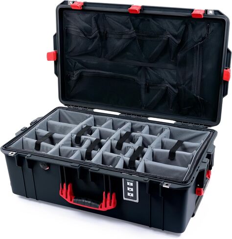 Pelican 1595 Case by ColorCase - Black - Large Sized Waterproof Case with Grey Padded Dividers & Mesh Lid Organizer - Red Handles & Latches in Kuwait