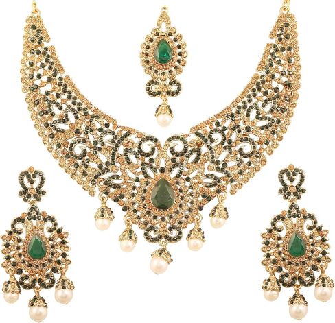 Touchstone Indian jewelry sets for women tikka wedding necklace costume guest statement bollywood rhinestones crystal faux pearls gold big royal neck piece set bridal fashion accessories in Kuwait