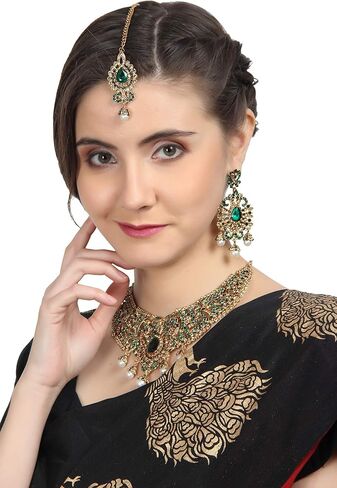 Touchstone Indian jewelry sets for women tikka wedding necklace costume guest statement bollywood rhinestones crystal faux pearls gold big royal neck piece set bridal fashion accessories in Kuwait