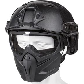 Airsoft Helmet and Mask, Full Face Mask with Detachable Goggles, Paintball Black Helmet with NVG Mount and Side Rail, Military Tactical Gear
