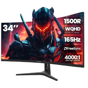 CRUA 34 Inch Ultrawide Gaming Monitor, WQHD 3440X1440P 144Hz/165Hz Curved Monitor, 21:9 1500R 99% sRGB Computer monitor Support AMD Freesync, HDMI 2.1 & Displayport 1.4, Wall Mountable/Tilt Adjustable