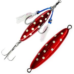 Eddie Bomb 16oz 5", Crimson Red Polka Dot, 2 Pieces, Heavy BFT Vertical Flat Fall Jigs for Bluefin Tuna, Rigged & Unrigged, Tuna Fishing Gear