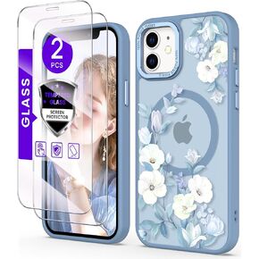 مغناطيسي لـ iPhone 12 Case+حامي شاشة الزجاج المقسّر ، [حماية من الدرجة العسكرية] حالة شعور بشعور غير لامع غير لامع ، غلاف نمط زهرة للنساء لـ iPhone 12 الأرجواني
