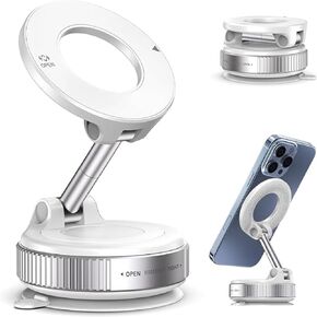 Car Phone Mount, 360-Degree Rotation, N52 Magnetic Holder with 80lb Vacuum Suction Cup, One-Hand Operation, White