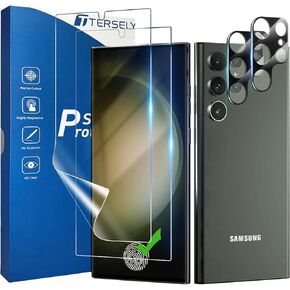 T Tersely [2+2 Pack] Screen Protector for Samsung Galaxy S23 Ultra 6.8 inch, Support Fingerprint, Full Cover, Easy Install, 2 Pack HYDROGEL Aqua Screen Protector and 2 Pack Camera Lens Protector