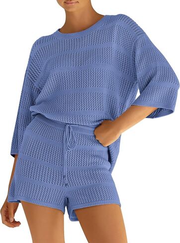 PRETTYGARDEN Women's Summer 2 Piece Swimsuit Coverup Hollow Out Knit Half Sleeve Tops Shorts Sets Bathing Suit Beach Outfits in Saudi Arabia