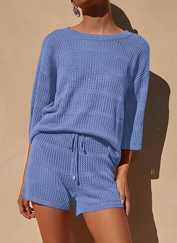 PRETTYGARDEN Women's Summer 2 Piece Swimsuit Coverup Hollow Out Knit Half Sleeve Tops Shorts Sets Bathing Suit Beach Outfits in Saudi Arabia