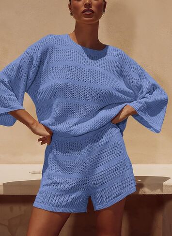 PRETTYGARDEN Women's Summer 2 Piece Swimsuit Coverup Hollow Out Knit Half Sleeve Tops Shorts Sets Bathing Suit Beach Outfits in Saudi Arabia