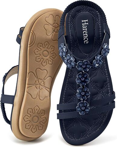 HARENCE Summer Flat Sandals for Women: Comfortable Bohemian Beaded Flats Shoes Elastic Ankle Strap Casual Walking Slip On Dress Sandal in Saudi Arabia