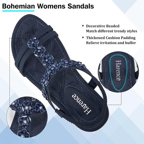 HARENCE Summer Flat Sandals for Women: Comfortable Bohemian Beaded Flats Shoes Elastic Ankle Strap Casual Walking Slip On Dress Sandal in Saudi Arabia