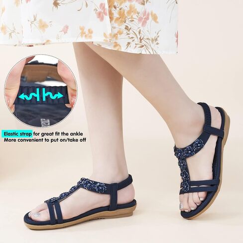 HARENCE Summer Flat Sandals for Women: Comfortable Bohemian Beaded Flats Shoes Elastic Ankle Strap Casual Walking Slip On Dress Sandal in Saudi Arabia