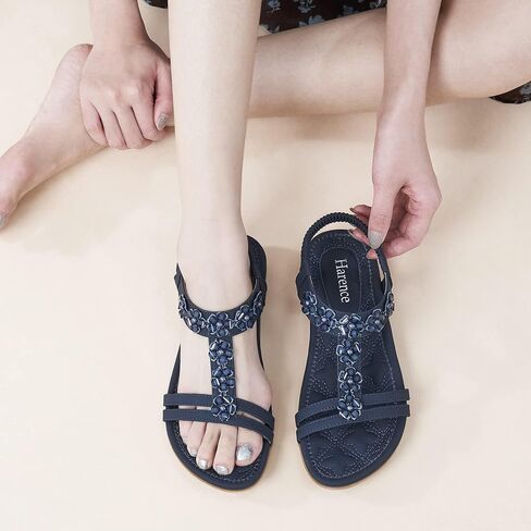 HARENCE Summer Flat Sandals for Women: Comfortable Bohemian Beaded Flats Shoes Elastic Ankle Strap Casual Walking Slip On Dress Sandal in Saudi Arabia
