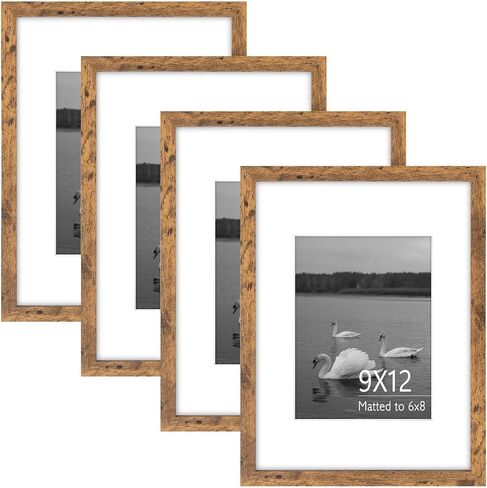 Space Art Deco 9x12 Picture Frame for 6x8 with Mat or 9x12 without Mat - Engineered Wood Photo Frame with Plexiglass - Wall Mounting Photo Frames for Wall or Tabletop Display - Set of 4 in Kuwait