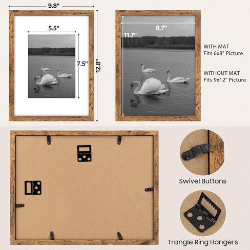 Space Art Deco 9x12 Picture Frame for 6x8 with Mat or 9x12 without Mat - Engineered Wood Photo Frame with Plexiglass - Wall Mounting Photo Frames for Wall or Tabletop Display - Set of 4 in Kuwait