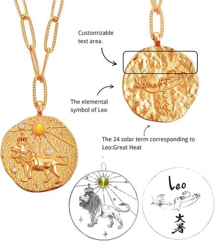 AUROZIA 12 Constellation Necklace Lucky Zodiac Personalized Necklace 18K Heavy Gold Plated Paperclip Chain Necklace with Crystals and Gemstones Double Sided Coin Necklace Birthday Day Gifts for Women Girls in Saudi Arabia