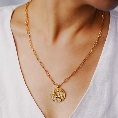 AUROZIA 12 Constellation Necklace Lucky Zodiac Personalized Necklace 18K Heavy Gold Plated Paperclip Chain Necklace with Crystals and Gemstones Double Sided Coin Necklace Birthday Day Gifts for Women Girls in Saudi Arabia