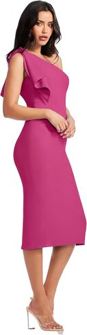 Dress the Population Women's Tiffany Asymmetrical Bow Neckline Bodycon MIDI Dress, Rouge, Large in Saudi Arabia