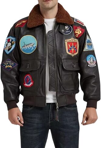 Mens Top Aviator USAAF Pilot Flying Tom Multiple Patches G1 Bomber Jacket Fur Collar Brown Bomber Leather Jacket in Saudi Arabia