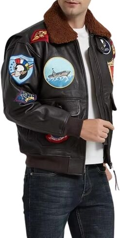 Mens Top Aviator USAAF Pilot Flying Tom Multiple Patches G1 Bomber Jacket Fur Collar Brown Bomber Leather Jacket in Saudi Arabia