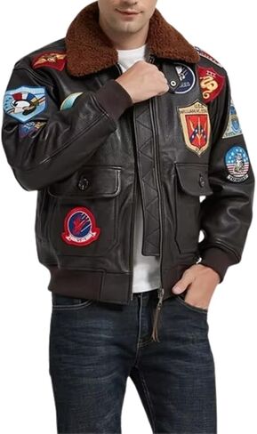 Mens Top Aviator USAAF Pilot Flying Tom Multiple Patches G1 Bomber Jacket Fur Collar Brown Bomber Leather Jacket in Saudi Arabia