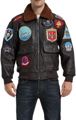 Mens Top Aviator USAAF Pilot Flying Tom Multiple Patches G1 Bomber Jacket Fur Collar Brown Bomber Leather Jacket in Saudi Arabia