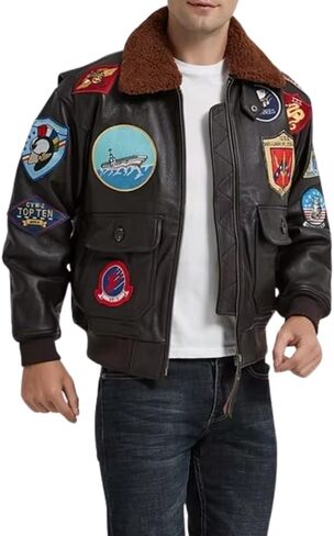 Mens Top Aviator USAAF Pilot Flying Tom Multiple Patches G1 Bomber Jacket Fur Collar Brown Bomber Leather Jacket in Saudi Arabia