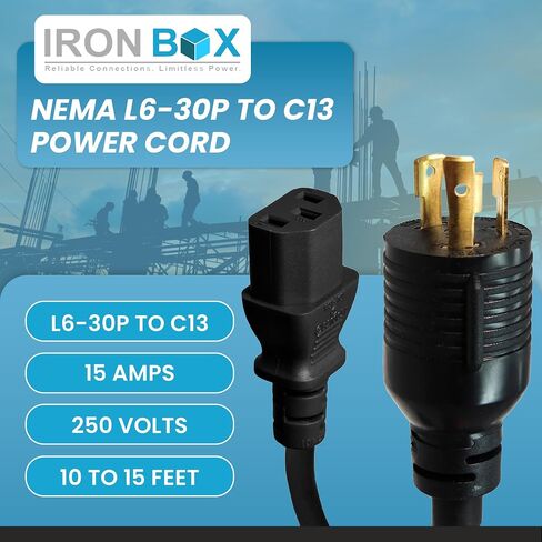 Ironbox Electric NEMA L6-30P إلى C13 سلك الطاقة - 15A ، 250V ، 14/3 SJT - توصيل الطاقة والكابلات المدرجة في UL - مزود الطاقة الثقيلة لمراكز البيانات ، PDU ، الأجهزة ذات الطاقة العالية ، المولدات وأكثر من ذلك (10 أقدام) in Kuwait